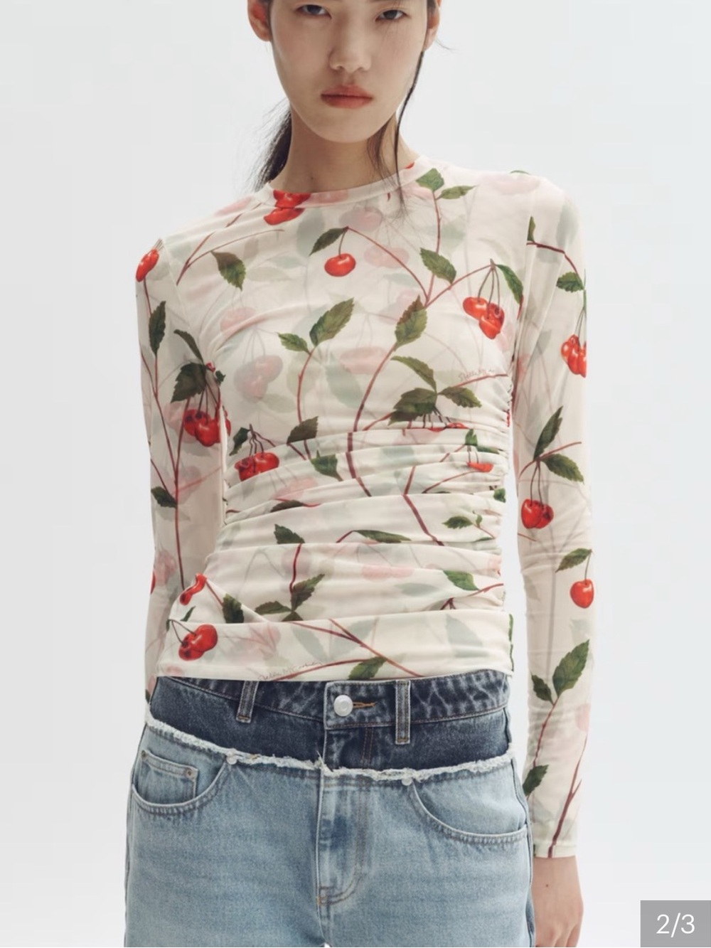 Stella McCartney for H&M Cream Cherry-Print Long-Sleeve Mesh Top, M